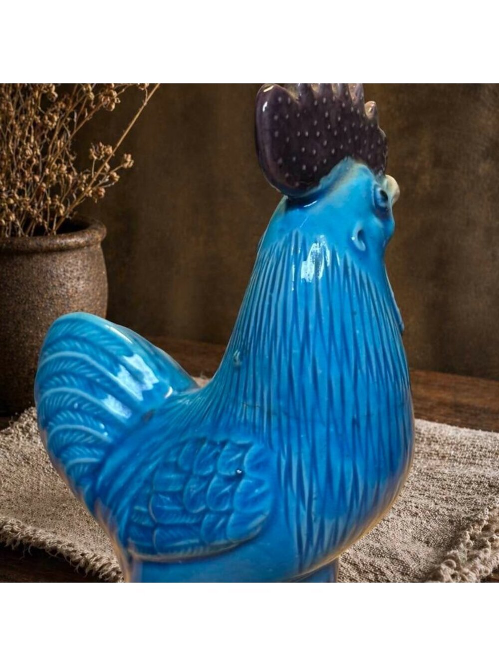Vintage Turquoise Rooster Figurine Pair MTC Taiwan | Aubergine Glazed Chinoiseri - Picture 6 of 12